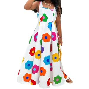 Girls Summer Dress Flower Print Tank Dress Sleeveless Flared Hem Beach Vacation Long Dress Dresses for 8-12Y