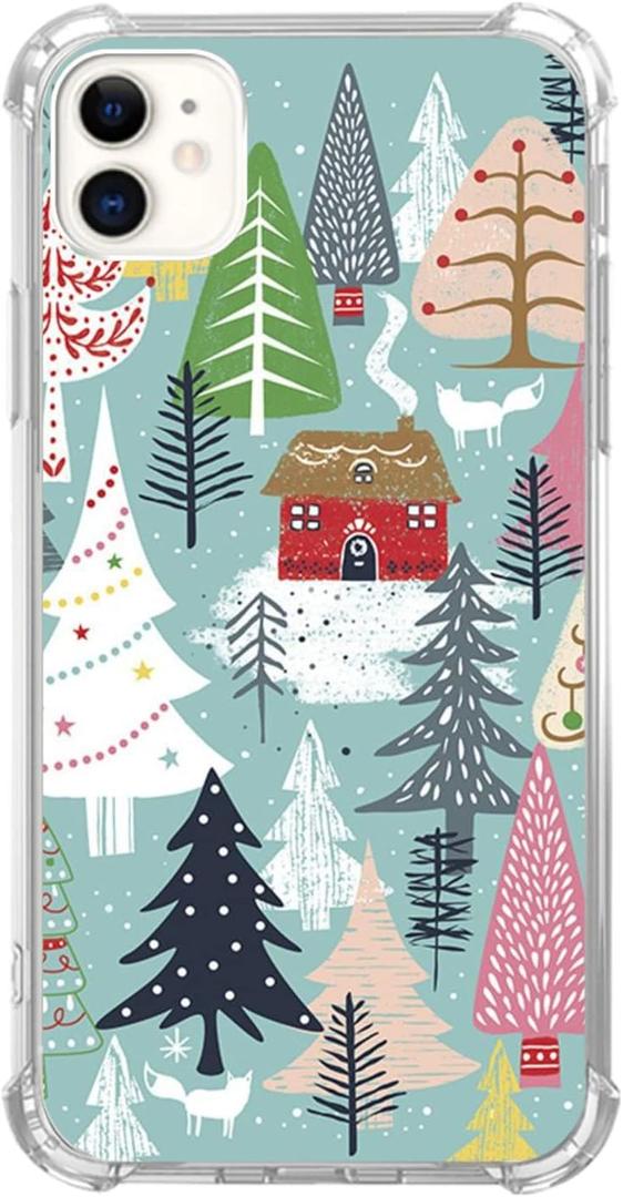 Aesthetic Christmas Village Trees and House Case for iPhone 11, Winter Silvan Snow Ground with Fox Cover for Girls Boys Women Men, Trendy TPU Bumper Cover Case for iPhone 11