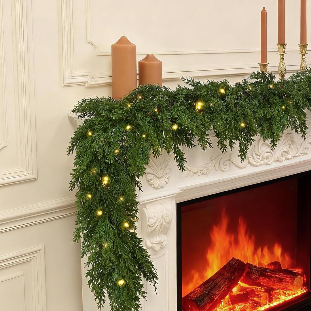 Joyhalo Christmas Garland, 6 FT Faux Real Touch Cedar Garland Artificial Realistic Hobby Lobby, Prelit Cedar Garland with Lights Battery Operated for Mantle, Stairs Railing
