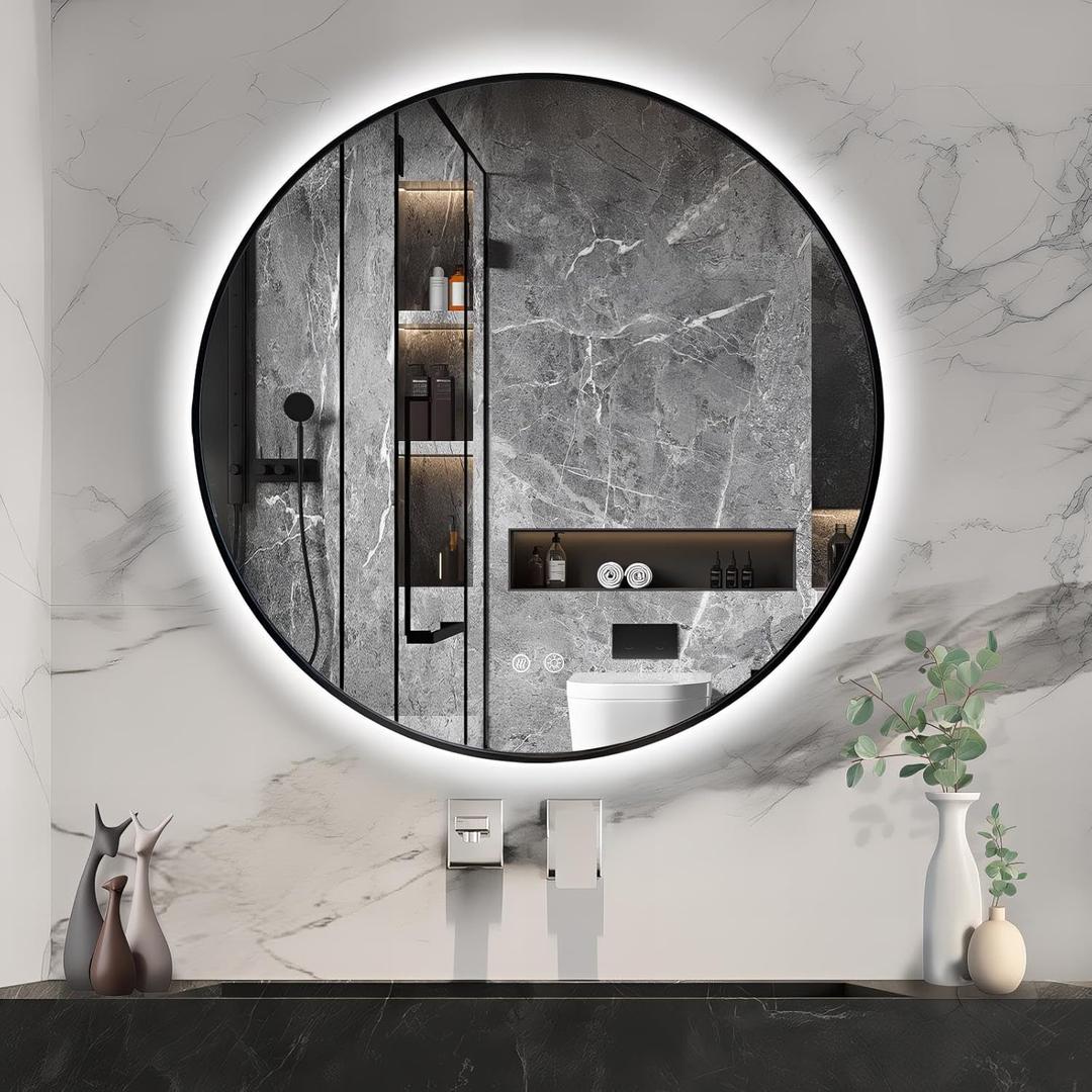 Niccy 28" Round LED Bathroom Backlit Mirror With Lights, Black Frame Lighted Vanity for Wall, Circle With Anti-Fog, Light Up 3 Color ShatterProof