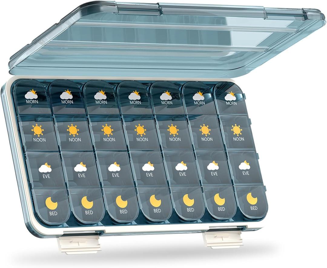 Pill Organizer 7 Day, Weekly Pill Box, Pill Case Large 28 Compartment, Portable Daily Medicine Container (Blue) (Blue, Large)
