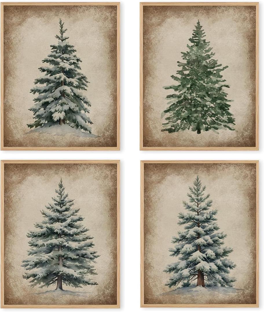 Boat Wades Vintage Christmas Tree Unframed Wall Art Prints,Vintage Botanical Fir Christmas Posters & Prints For Living Room Home Dorm Decor,Farmhouse Holiday Wall Art Prints 8x10 Set Of 4