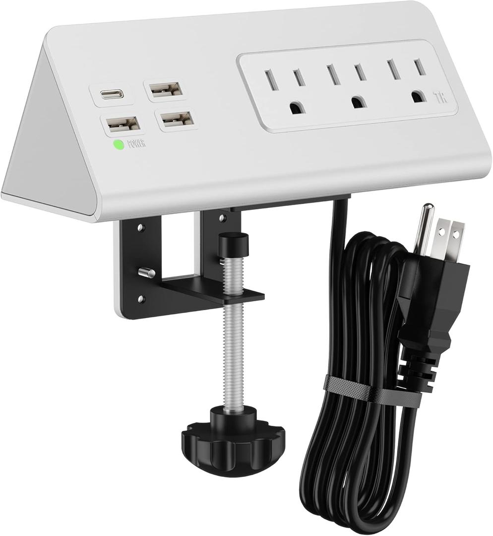 Nightstand Edge Mount Power Strip with USB-C Ports Tabletop Surge Protector Desk Clamp Power Sockets with 3 AC Outlets &4 Fast Charging USB Ports for Home Office Hotel and Dormitory (White)