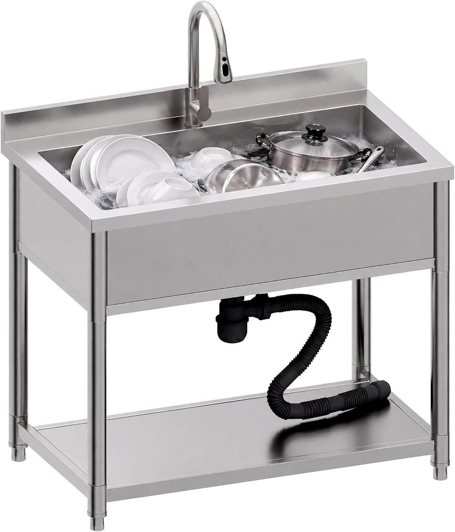 Stainless Steel Utility Sink, Freestanding Laundry Sink with Faucet
Large Sink for Kitchen, Bathroom, Laundry Room, Garage, Outdoor/Indoor Use, Pet Cleaning, D21.65 x W35.43 x H36.61 inch