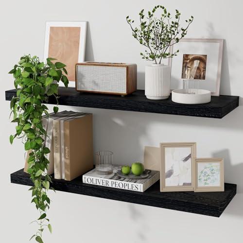 Marsmiles Wood Floating Shelves for Wall Set of 2, 24 Inch Wide Rustic Wooden Floating Shelves, Invisible Wall Mounted Display for Living Room Bedroom Kitchen Bathroom Office, Black