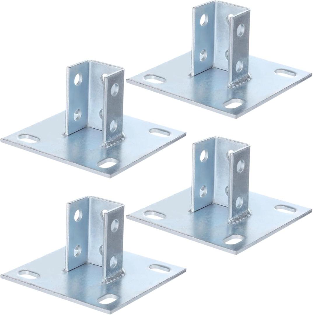 4 PCS Strut Post Bases, 4 Slotted Holes U Post Base for 1-5/8 Inches Square Single Channel, 5.7 x 5.7 Inches Large Panel Anti-Tilt Ground Bracket, Heavy Duty Galvanized Carbon Steel Floor Post Base