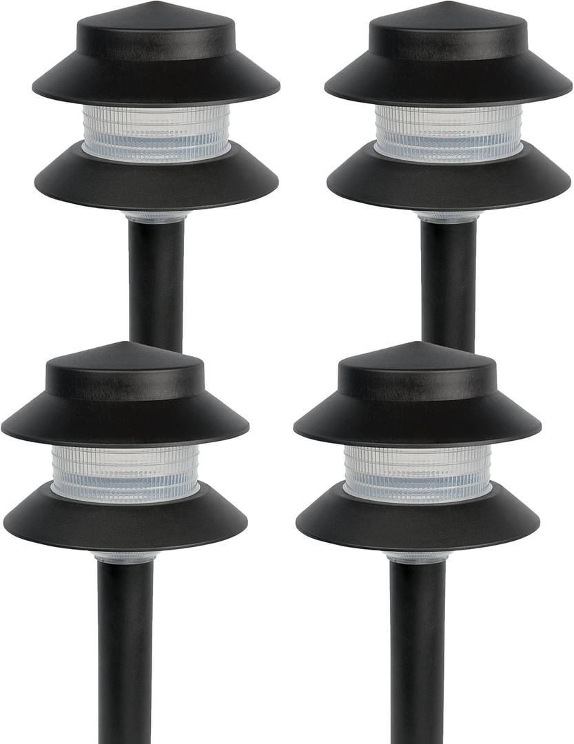 GreenLighting Paradise Low Voltage Landscape Pathway Lights - 2 Tier Outdoor Garden Lights - Easy, Simple Installation - Walkway, Lawn, Landscape Lighting (Black, 4 Pack)