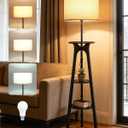 3 Tier Shelf Floor Lamps, Wood Tripod Floor Lamp, Large Linen Lampshade, 3 Color Temperature LED Bulb Included, Modern Shelf Floor Lamp for Living Room Bedroom Beige and Black BE25LD05
