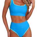 ANRABESS Women's High Waisted Bikini Sets Two Piece Tummy Control Swimsuits High Cut Summer Beach Vacation Bathing Suits Blue Medium