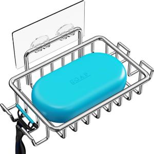 Nieifi Bar Soap Holder for Shower Wall with 4 Hooks, Stainless Steel Adhesive Soap Dish for Bathroom, Silver (1 Pack)