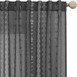 Black Curtains for Bedroom,Sheer Linen Light Filtering Boho Curtains for Kitchen Bathroom Window Living Room, 50W x 64L inch (2 Panels)