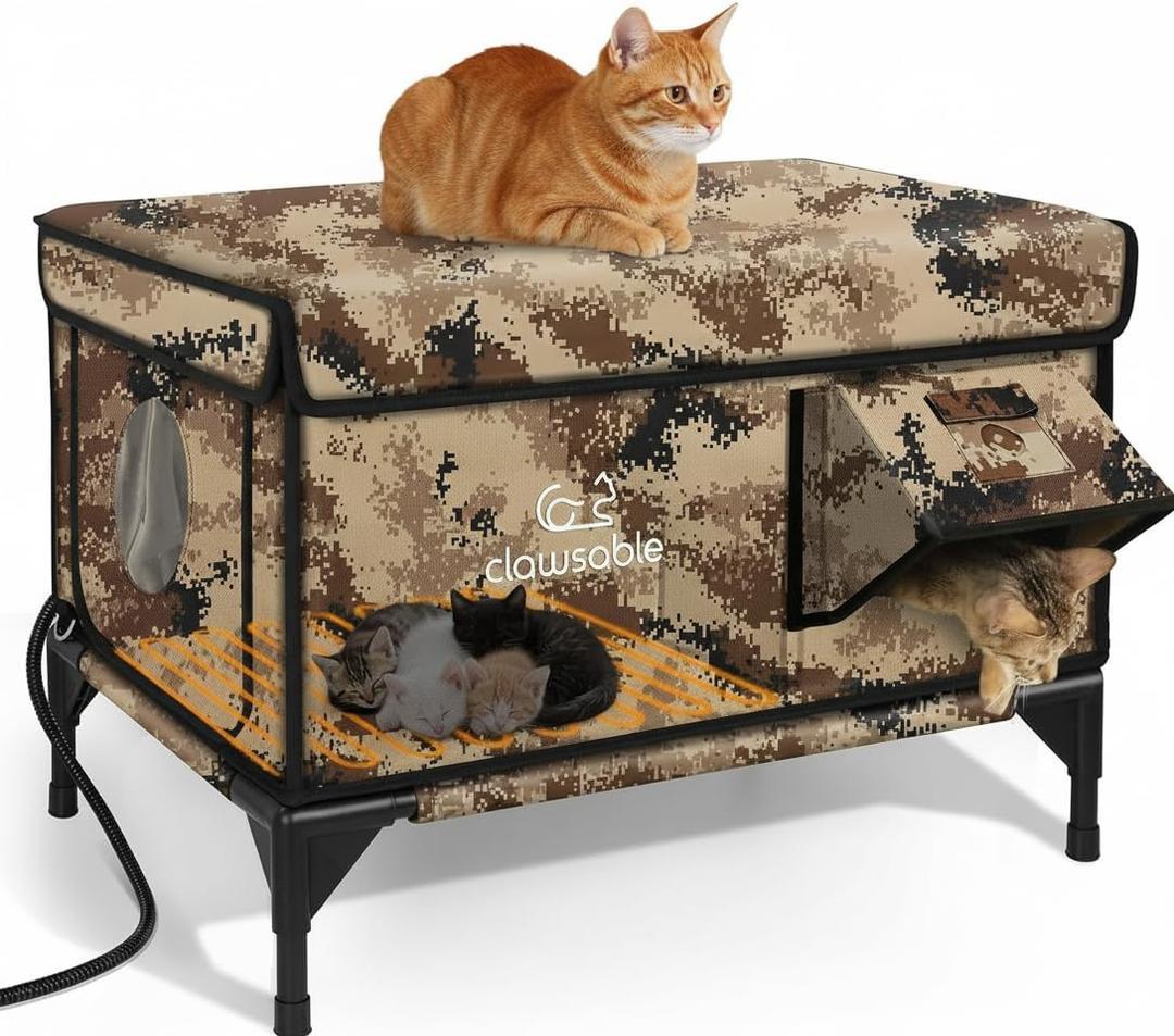 Indestructible Heated Cat House for Outside Winter, 100% Waterproof, Safe Escape Door, Insulated Outdoor Cat Shelter with Heater for Feral Barn Cat Kitty (Desert Camouflage, 27"x17"x18")