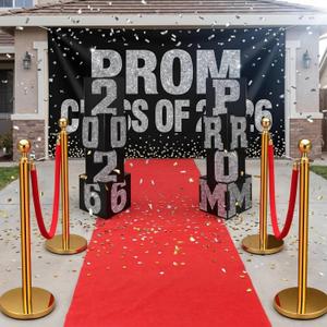 Yexiya 16 Pcs 2026 Prom Graduation Decoration Kit with Gold Stainless Steel Stanchions with Red Ropes and 27.8 X3.28 ft Red Carpet Runner Prom Box Column Tape Photo Booth for Birthday Party College