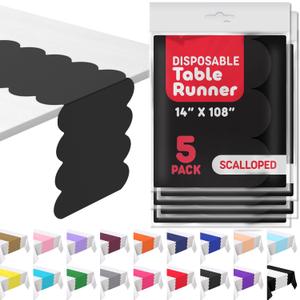 Black Disposable Plastic Table Runner. 5 Pack 14 x 108 inch. Scallop Table Runner Adds A Pop of Color to Your Party Table, by Swanoo