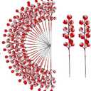 32 Pcs Christmas Tree Decorations, Tree Ornaments, 8 Inch Artificial Snowy Red Berry Stems Christmas Picks Filler, Holly Frosted Berries Xmas Holiday Decor