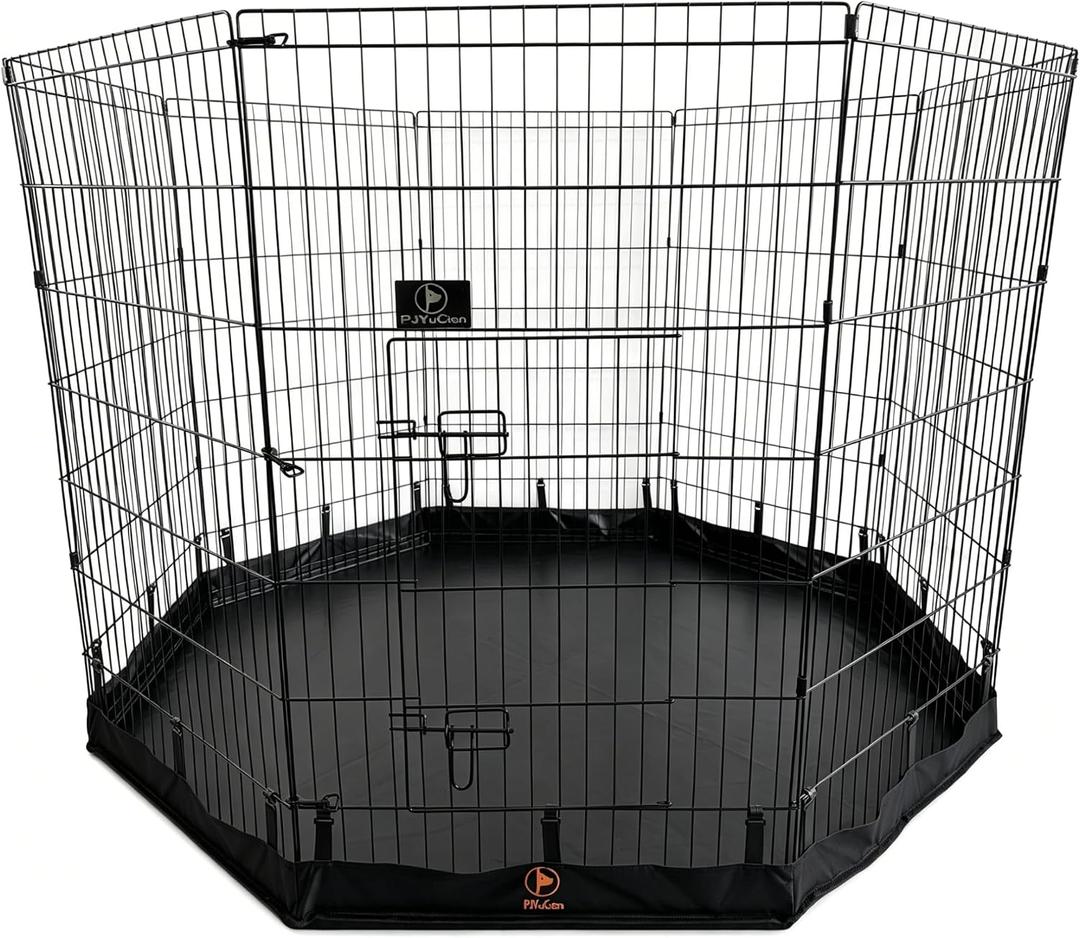  Puppy Playpen with Bottom Pad and Door, 8 Panels 42" H, Black 24"W, Dual-function Pad, For Large Pets, Foldable Octagonal Pen, Versatile, Indoor & Outdoor, Backyard, Protects Floors
