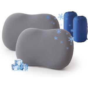 2 Pack Memory Foam Travel Pillow Camping Pillow Medium Firm Bed Pillows for Sleeping Cooling Small Pillow for Camp,Plane,Backpacking,Trip,Cool & Breathable Cover (2, Grey)