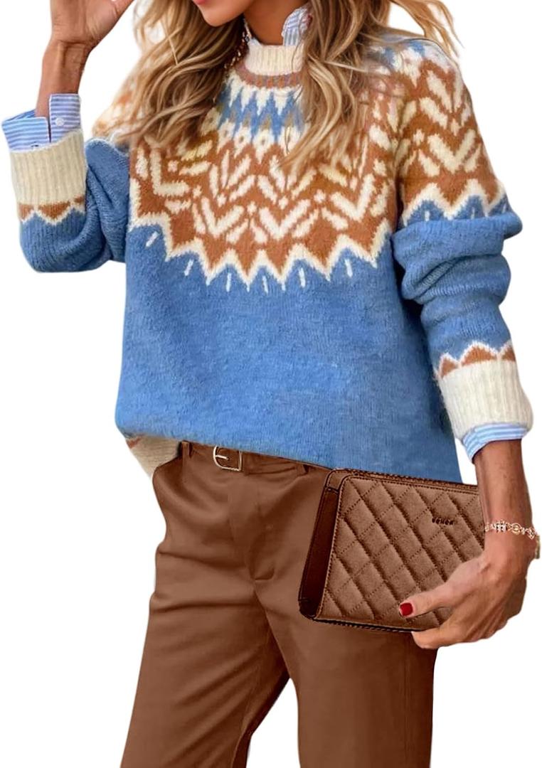 EARKOHA Women's Casual Mock Neck Ribbed Sweater Pullover 2026 Fall Long Sleeve Print Fair Isle Sweater Top, S