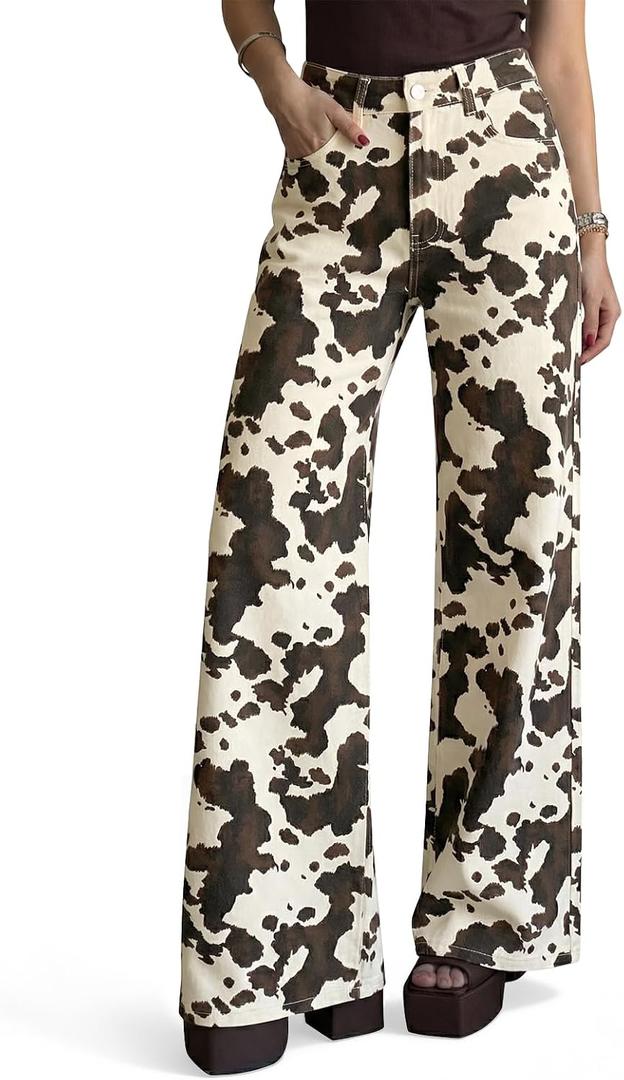 Cicy Bell Womens Wide Leg High Waisted Leopard Baggy Stretchy Jeans Size 12