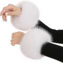 Women's Faux Fur Wrist Cuffs, Winter Fox Furry Wristbands, Fluffy Fur Cuff Bracelets, Arm Warmers (White)