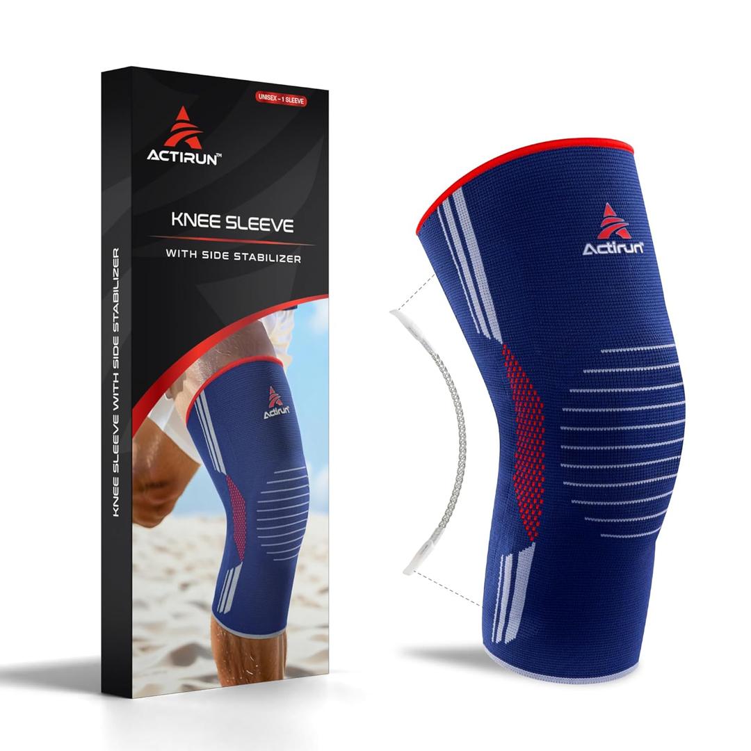 Knee Sleeve with Side Stabilizers  Compression Knee Sleeve for Knee Pain & Arthritis  Comfortable Support for Men & Women (Blue, L)