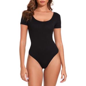 LIZENS Classic Black Short Sleeves Ribbed Scoop Neck Shirts Sexy Button Slimming Solid Color Bodysuit for WomensLL01,XS