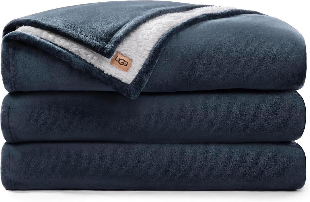 UGG Nita King/California King Blanket Fleece Fluffy Reversible Soft Fuzzy Bedding Cozy Plush Warm Oversized Blanket Machine Washable Bedroom Decor for Big Couch or Bed, 110-inch x 90-inch, Navy Blue