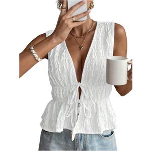 MakeMeChic Women's Tie Front Tank Top Sleeveless Ruffle Hem Crop Going Out Tops (White,XL)