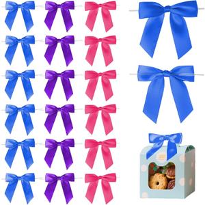 Twist Tie Bow for Wrapping Gift 3.5" 30Pcs Premade Satin Ribbon Bow Decorations for Crafts Treat Bag Wedding Bridal Shower Christmas Tree Party Favors Decor Accessories (Purple, Rose Red, Royal)