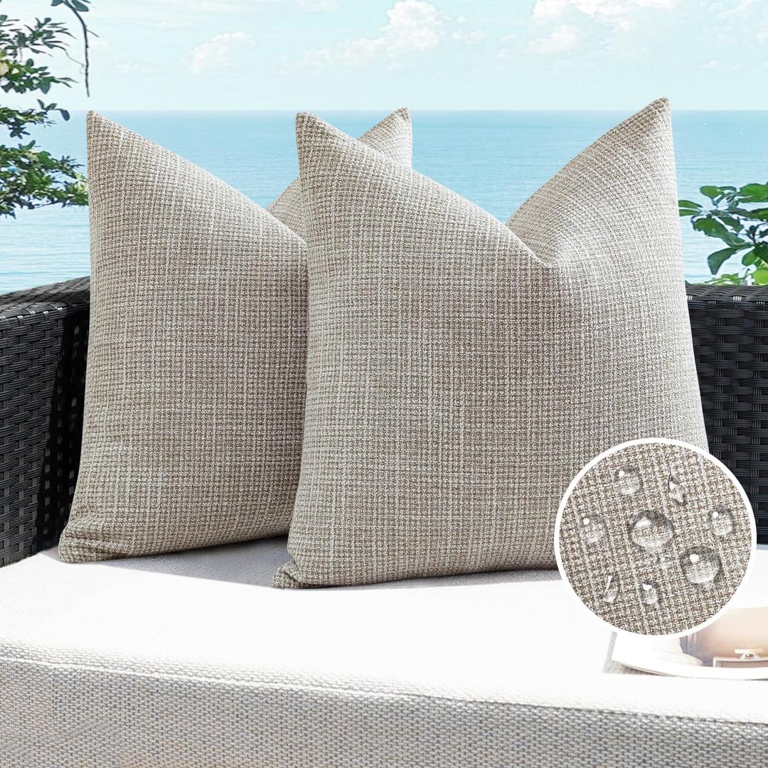 Artscope Outdoor Waterproof Throw Pillow Covers 20x20 Inch Decorative Linen Outdoor Pillows Cushion Case for Patio Couch Sofa - Khaki