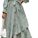 BTFBM Women Long Sleeve Dresses Spring Summer Clothes 2025 V Neck Floral High Waist Ruffle Boho Wedding Guest Dress (Small)