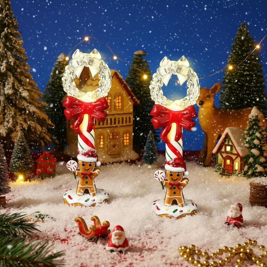 Amyhill 2 Pcs Christmas Lighted Table Decorations 5.3" Resin Gingerbread Figurine Table Centerpiece with Light Streetlights Battery Operated Mini Street Statue for Xmas Micro Landscape Garden