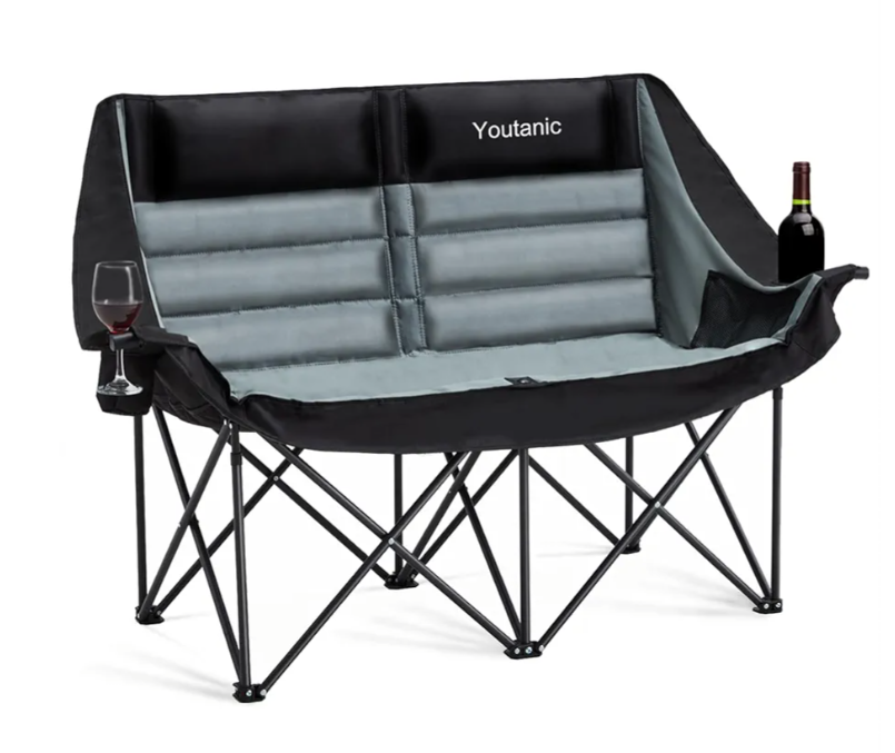 Oversized Camping Chair, Double Folding Loveseat Camping Couch with Pocket, Cup Holder and Carry Bag, Heavy Duty Portable Camping Chairs for Adults, Fishing, Sports, Trip, up to 660lbs, Black