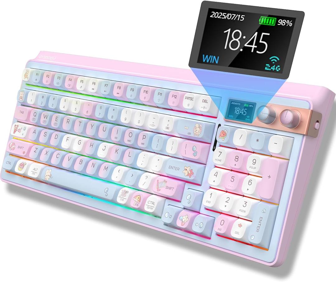H98 Wireless Mechanical Keyboard,96-Key Hot-Swappable Wired Gaming Keyboard,Tri-Mode Bluetooth 5.0 2.4G USB-C,1.14" Color Screen,Double Knob,6000mAh,RGB,PBT Keycaps for PC Mac iPad-Pink