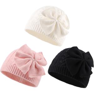 JANGANNSA Winter Warm Knitted Baby Hat for Girls Cotton Lined Infant Toddler Hat Autumn Cute Bow Classic Girls Beanie 0-6Y (Black+white+pink)