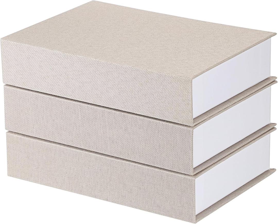 3 Pcs Decorative Neutral Linen Book Box Faux Books for Decoration Modern White Fake Book Boxes with Magnetic Lid Home Storage Box for TV Remote Key Photo