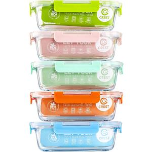 C CREST [5-Pack] Glass Lunch Box, Meal Prep Glass Containers with Lids, Glass Food Storage Containers, 34 OZ (Mixed Color, 5 Pack 34oz)