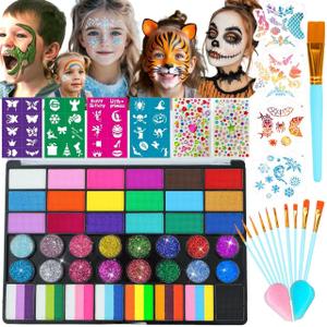 Face Painting Kit for Kids, 42 Colors Professional Face Paint Makeup Kit Non-Toxic Water Activated Face paint Palette with Brushes, Stencils, Sponge, Gems, for Party Cosplay Halloween (42 Colors)