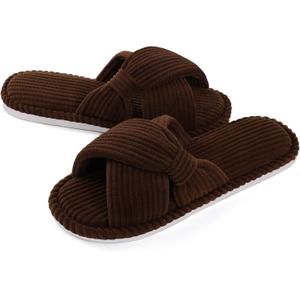 Evshine Summer House Slippers for Women Corduroy Cross Bow Indoor Slippers Open Toe Slip On Bedroom Shoes with Memory Foam (6-6.5, Brown)