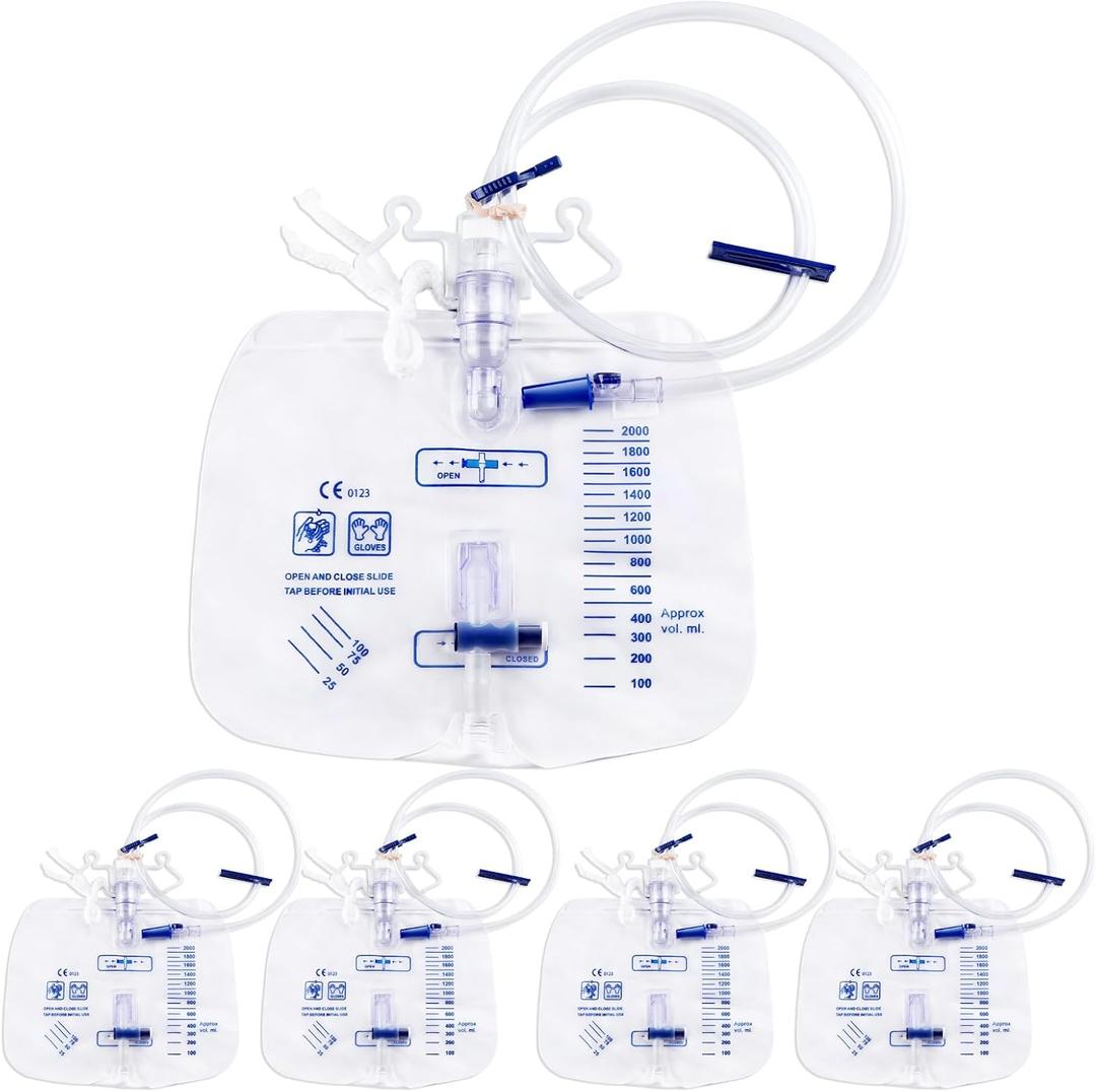 5 Pack 2000ml Urine Collection Bags with 48 Inch Flexible Tube Anti Backflow Chamber, Catheter Bags with Smooth Slide Valve Dual Hooks and Hanging Strap for Daily Liquid Collection and Easy Drainage