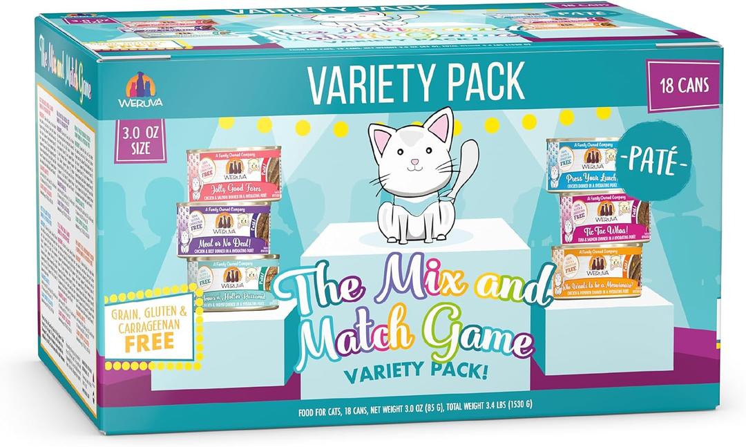 Weruva Wet Cat Food, The Mix and Match Game Pate Variety Pack, 3oz Can, Pack of 18 (EXP 10/22/28)