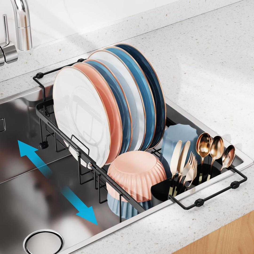 iSPECLE Small Sink Dish Drying Rack, Capacity Expandable Narrow Dish Drainer for RV Kitchen Counter with Utensil Holder, Fit for 12"~18.3" Sink, Black