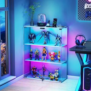 VersionTECH. Glass Display Cabinet with RGB LED Lights, Full-View Display, 3-Tier Display Case with Glass Doors for Collectibles, Cabinets with Lock, Human Sensor, Charging Station, White, 36.6"H x 28"W x 11"D