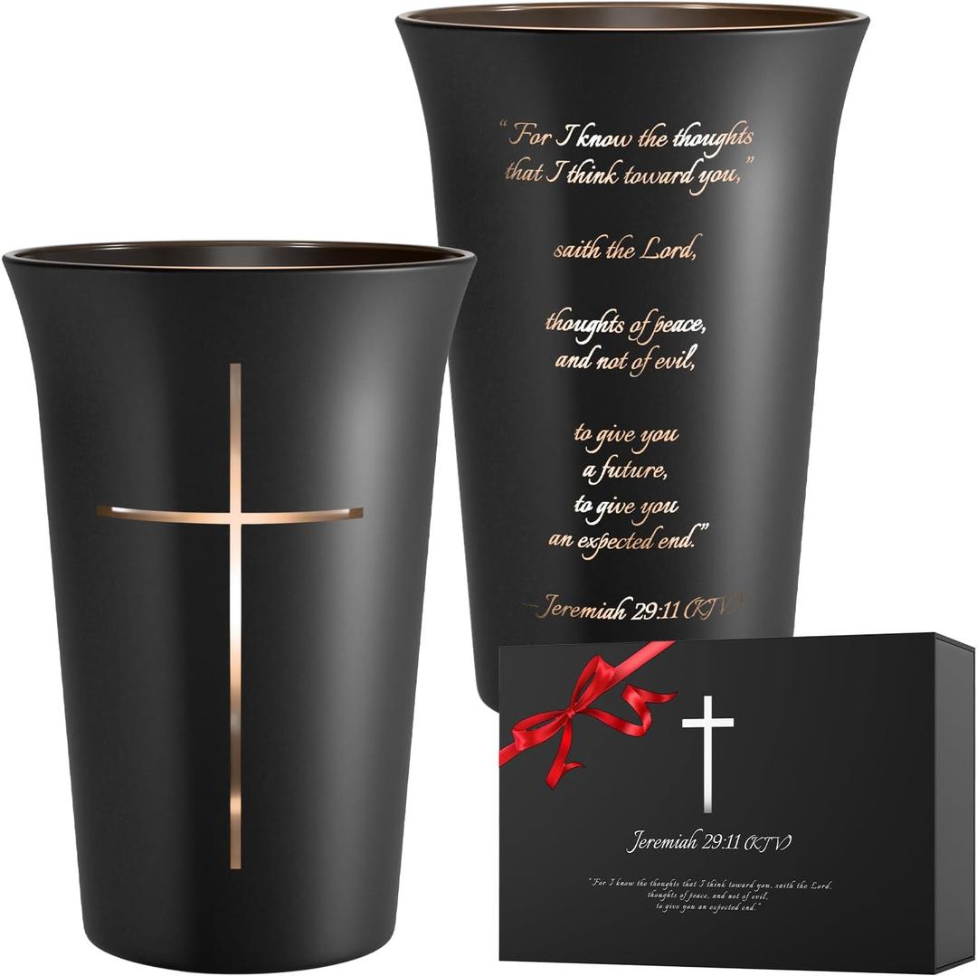 2PCS Black Frosted Drinking Glass Cups with Cross & Bible Verse, Inspirational Religious Gifts for Christians, Catholic Women & Men, Pastor Appreciation, Baptism & Confirmation Gifts for Boys & Girls