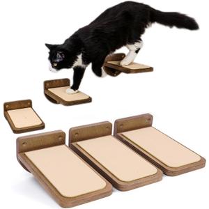 INICIO Cat Wall Stairs - Set of 3 Wall Steps for Cats to Climb with Fixtures, 9.3"x4.7" - Floating Steps for Climbing or Playing - for Kittens and Adult Cats, Dark Brown