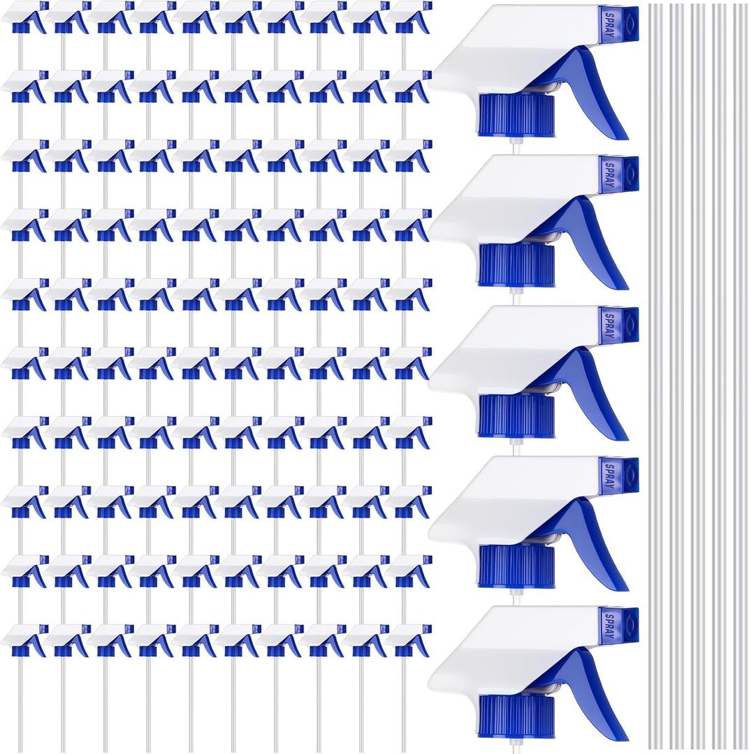 100 Pack Spray Bottle Nozzle Replacement 28-400 Sprayer Reusable Spray Bottle Tops Replacement with 10 Inch Tube Only for 16 or 32 Oz Home Office Car Window Cleaning (Blue White)