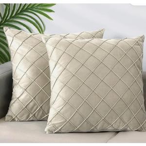 2 Pcs Soft Velvet Decorative Pillow Covers Solid Geometric Textured Cushion Covers for Bed, Sofa, Chair, Couch and Home Decor 17 x 17 Inch Beige