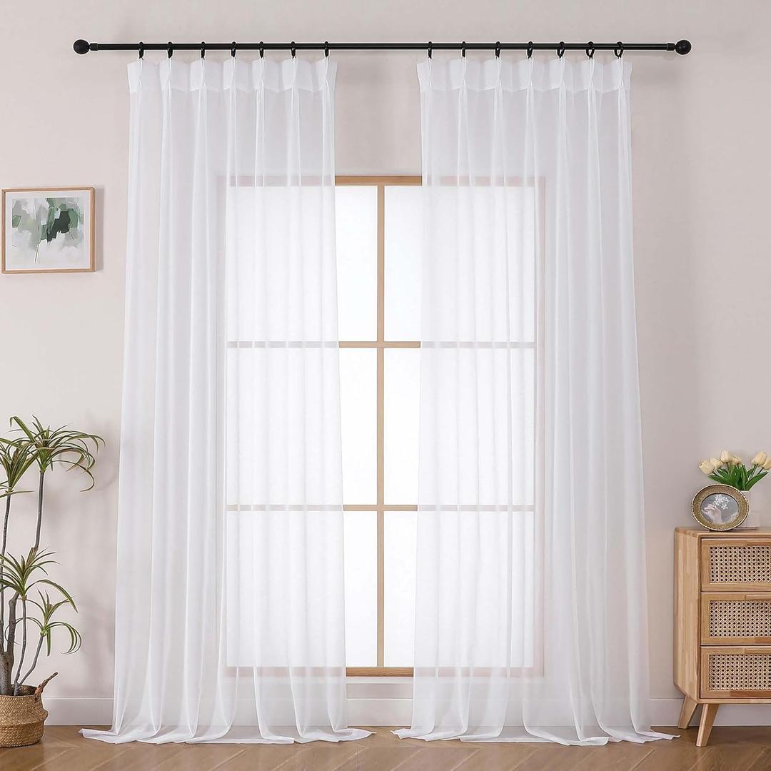 OWENIE White Pinch Pleated Sheer Curtains 96 Inches Long for Bedroom Living Room, Modern Soft Airy Solid Light Filtering Window Curtains, Pinch Pleated Sheer Window Treatments, White, Each 40x96 Inch