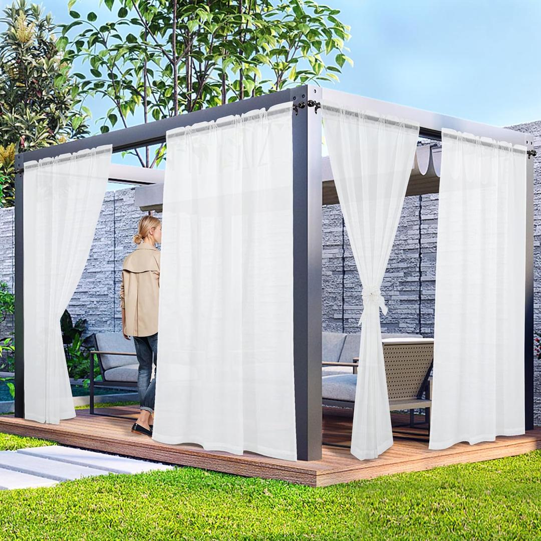 2 Panels Outdoor Sheer Curtains for Patio, Non-See-Through White Privacy Curtains for Patio Waterproof, Indoor Outdoor Drapes for Gazebo Pergola Balcony Pool Spa, 52 x 84 inch