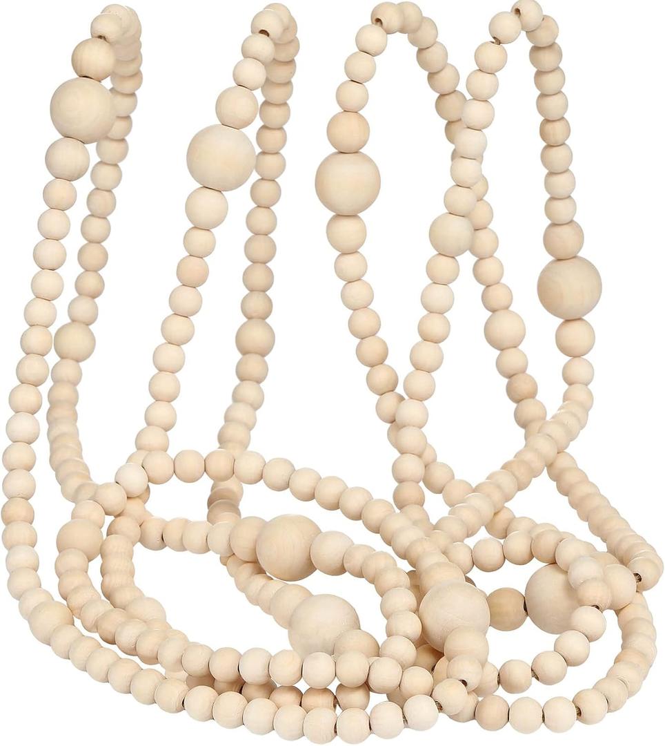 12 Feet Christmas Wooden Beads Garland Round Craft Farmhouse Vintage Wood Bead Garlands for Xmas Decoration Supplies(Natural Color)